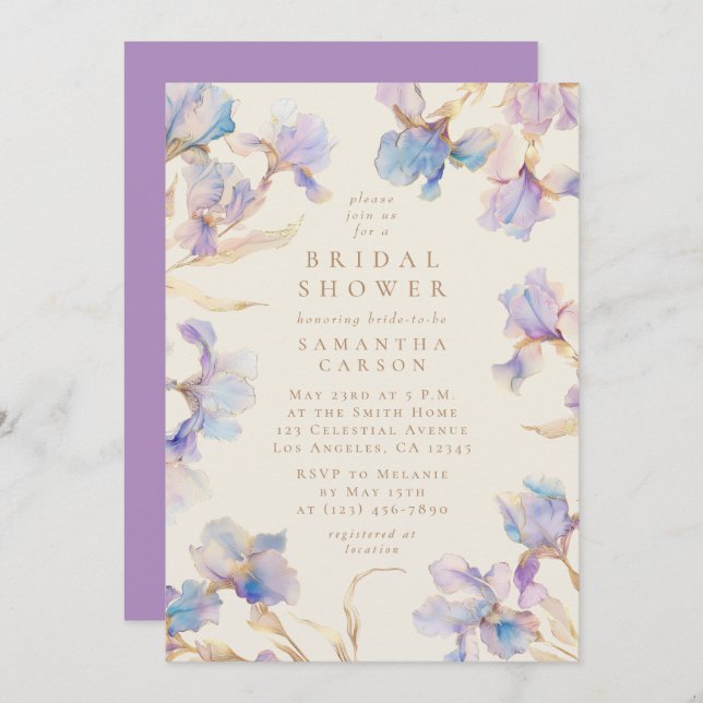 Elegant Iris Floral Watercolor Bridal Shower Invitation (Front/Back)