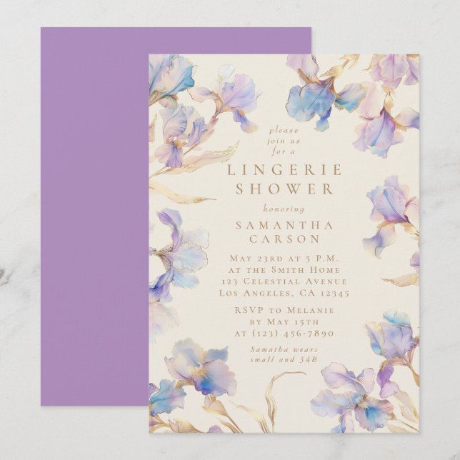 Elegant Iris Floral Watercolor Lingerie Shower Invitation (Front/Back)