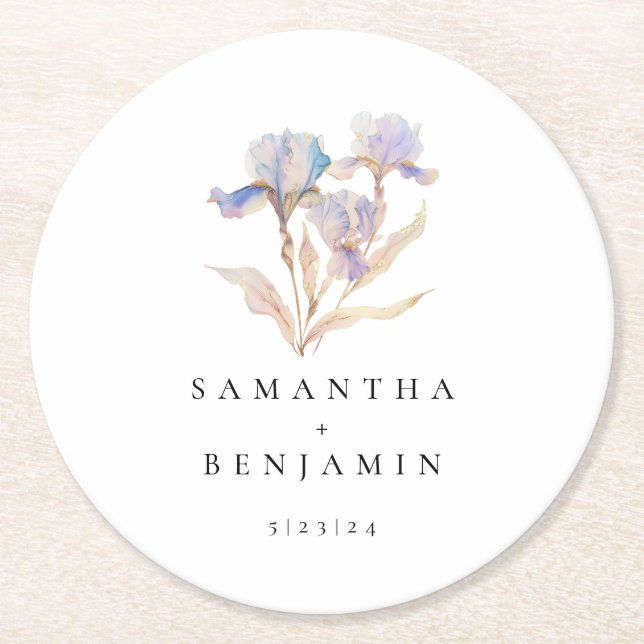 Elegant Iris Floral Watercolor Wedding Round Paper Coaster (Front)