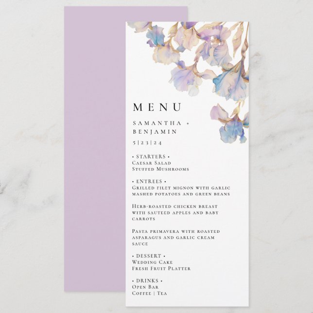 Elegant Iris Floral Wedding Menu (Front/Back)