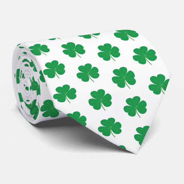Elegant Irish Shamrock Clover Pattern Green White Tie (Rolled)
