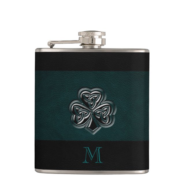 Elegant Irish shamrock leather look monogram Hip Flask (Front)