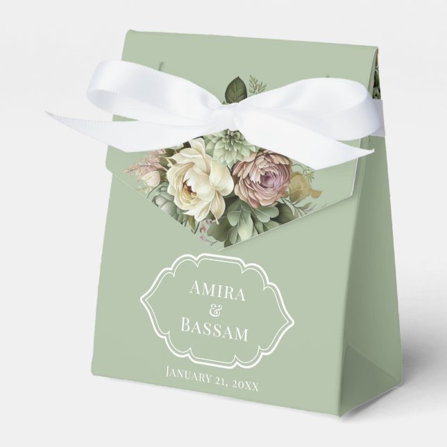 Elegant Islamic Green and White Floral Wedding Favor Box (Front Side)