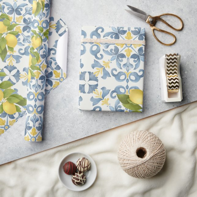 Elegant Italian Blue Tile Lemon Wedding Wrapping Paper (Crafts)