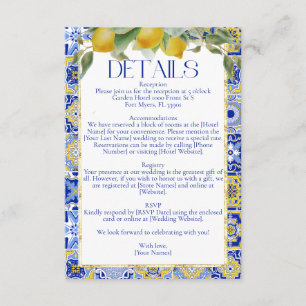 Elegant Italian Blue Tile Lemons Citrus Wedding Enclosure Card