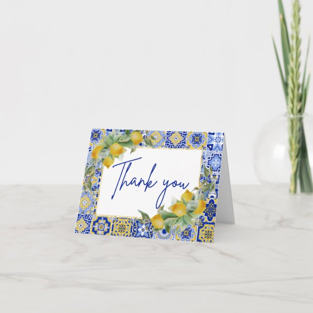 Elegant Italian Blue Tiles Lemon Citrus Script Thank You Card (Front)