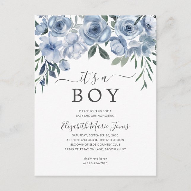 Elegant It's a Boy Dusty Blue Floral Baby Shower Postcard (Front)