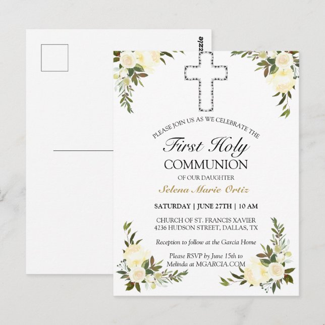 Elégant ivoire Floral First Holy Communion Carte p (Devant / Derrière)