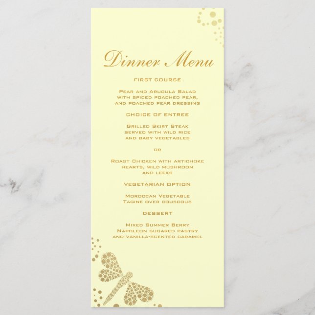 Elégant Ivoire & Gold Dragonfly Slim Dinner Menu (Devant)