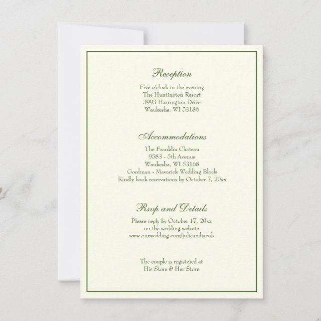 Elégant ivoire vert mariage accueil invitation (Devant)