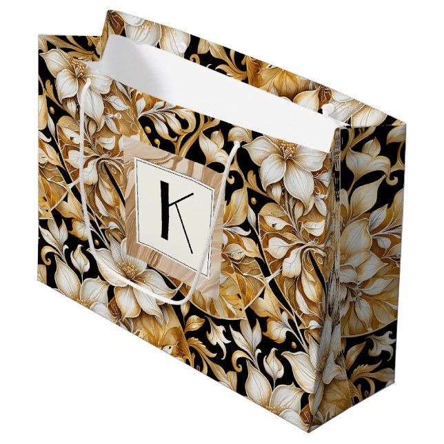 Elegant Ivory and B;ack Floral Tissue Paper Large Gift Bag (Front Angled)