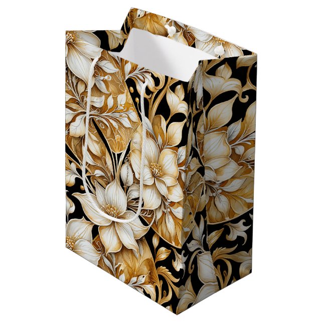 Elegant Ivory and B;ack Floral Tissue Paper Medium Gift Bag (Front Angled)