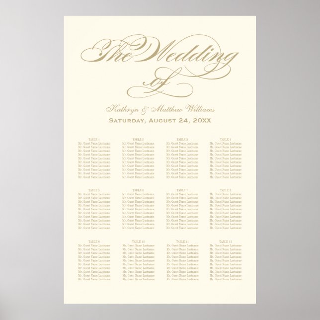 Elegant Ivory and Gold Calligraphy Wedding Seating Poster (Front)