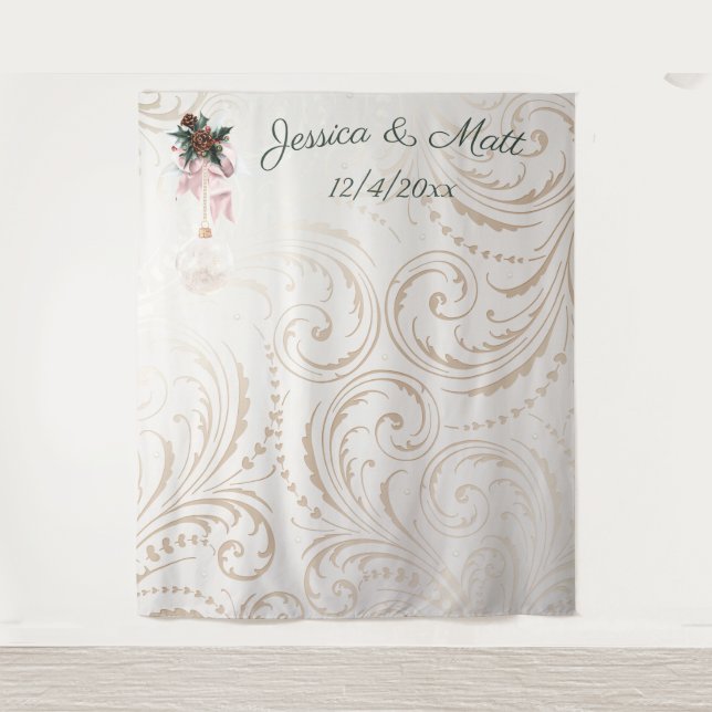 Elegant Ivory and Gold Christmas Wedding Backdrop Tapestry (Front)