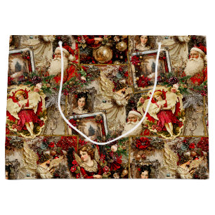 Elegant Ivory and Red Victorian Christmas Collage Large Gift Bag