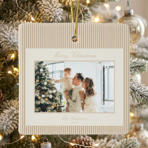 Elegant Ivory and Tan Stripes Christmas Photo Ceramic Ornament