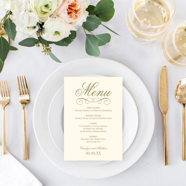 Elegant Ivory Antique Gold Scroll Wedding Monogram Menu (Creator Uploaded)