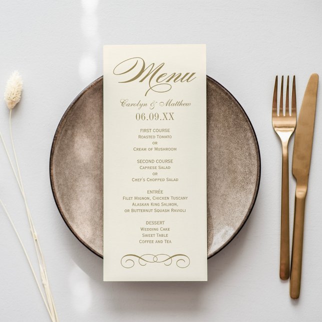 Elegant Ivory Antique Gold Scroll Wedding Monogram Menu (Creator Uploaded)
