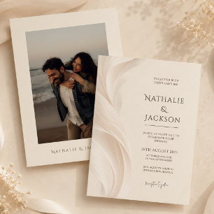Elegant Ivory Beige Feather Photo Wedding Invitation