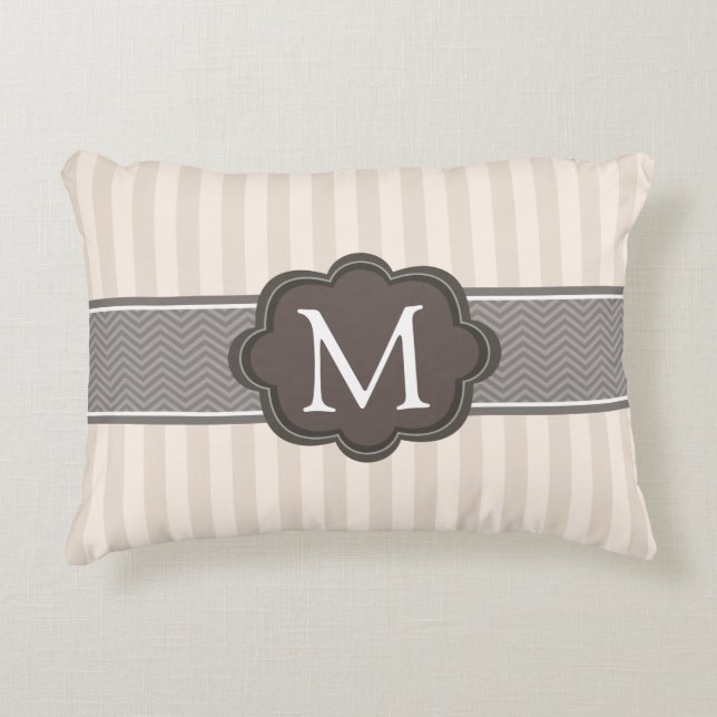 Elegant Ivory Beige Stripes Brown Custom Monogram Decorative Pillow (Front)