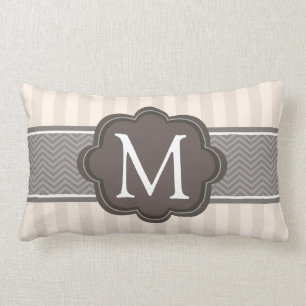 Elegant Ivory Beige Stripes Brown Custom Monogram Lumbar Pillow