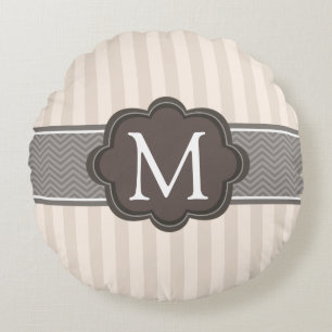 Elegant Ivory Beige Stripes Brown Custom Monogram Round Pillow