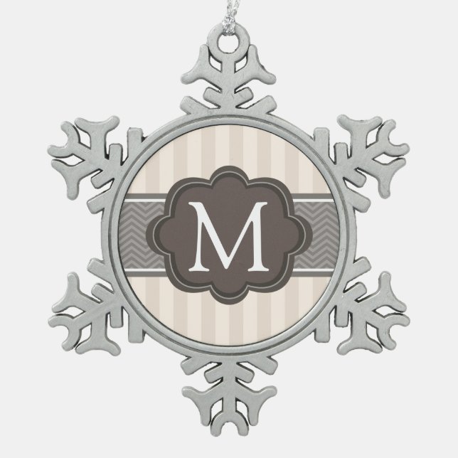 Elegant Ivory Beige Stripes Brown Custom Monogram Snowflake Pewter Christmas Ornament (Front)