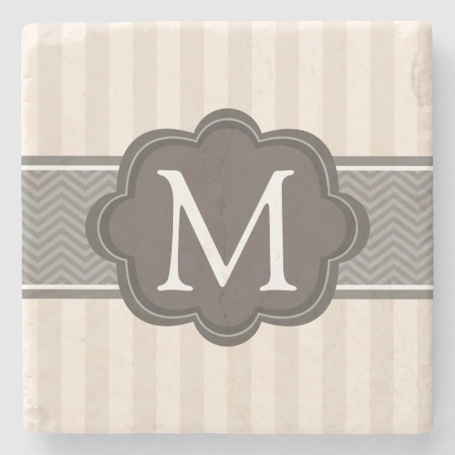 Elegant Ivory Beige Stripes Brown Custom Monogram Stone Coaster (Front)
