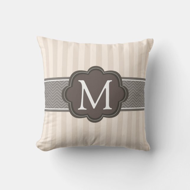 Elegant Ivory Beige Stripes Brown Custom Monogram Throw Pillow (Front)