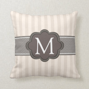 Elegant Ivory Beige Stripes Brown Custom Monogram Throw Pillow
