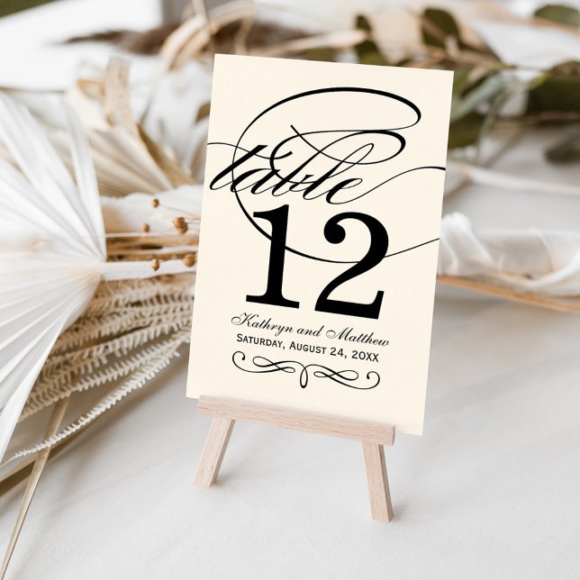 Elegant Ivory Black Calligraphy Monogram Wedding Table Number (Creator Uploaded)