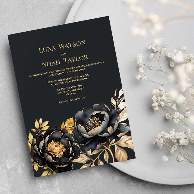 Elegant ivory black gold peony floral Wedding Invitation (Elegant ivory black gold peony floral Wedding )