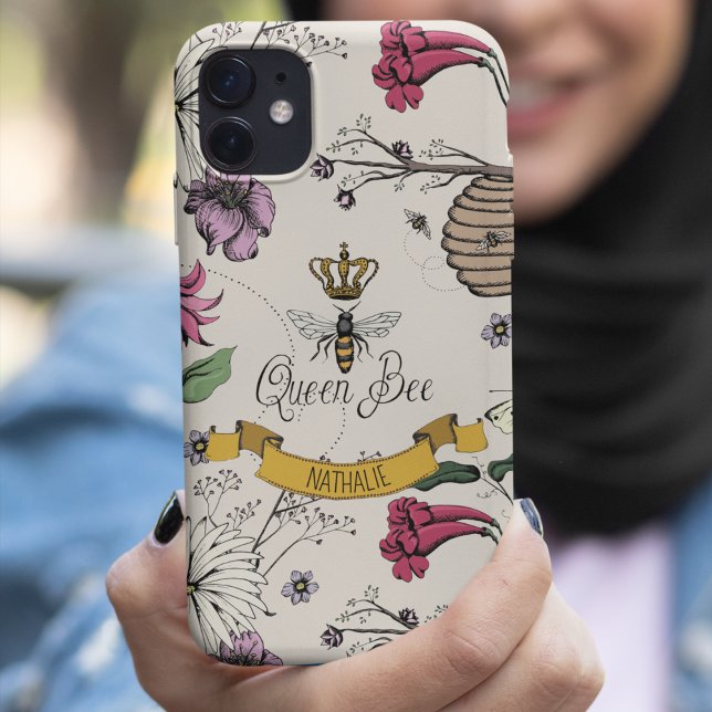 Elegant Ivory, Black & Gold Queen Bee & Crown Case-Mate iPhone Case (Chic Hand-Drawn Royal Queen Bee & Flowers Illustration in Ivory.
Personalized Name in Gold Scroll.)