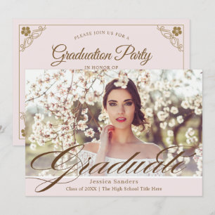 Elegant Ivory Black Script Photo Graduation Party Invitation