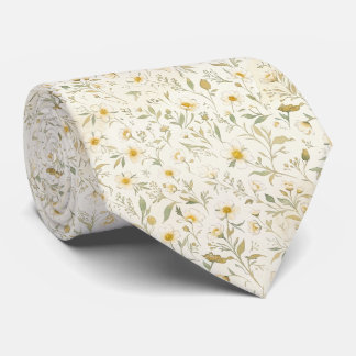 Elegant Ivory Botanical Vintage White Yellow  Tie