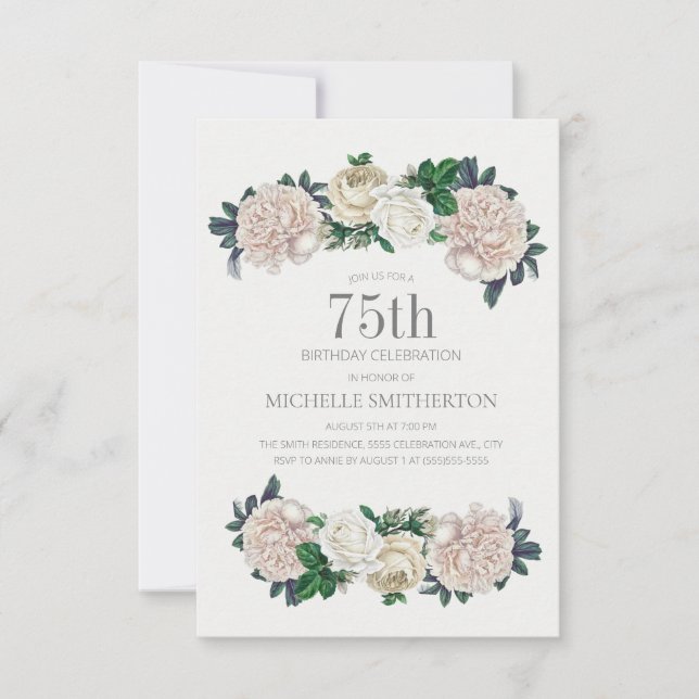 Elegant Ivory Cream Floral 75th Birthday Invitation (Front)