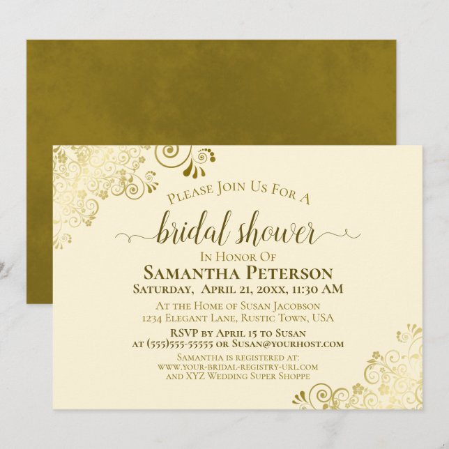 Elegant Ivory Cream Gold Lace Frills Bridal Shower Invitation (Front/Back)