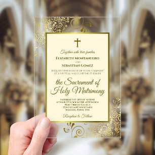 Elegant Ivory Cream & Gold Ornate Catholic Wedding Acrylic Invitations