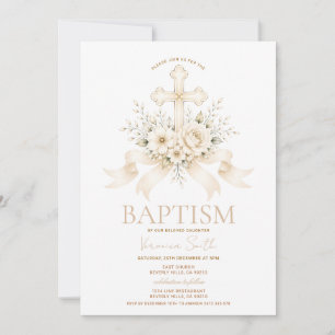 Elegant Ivory Cross Flowers Religious Invitation