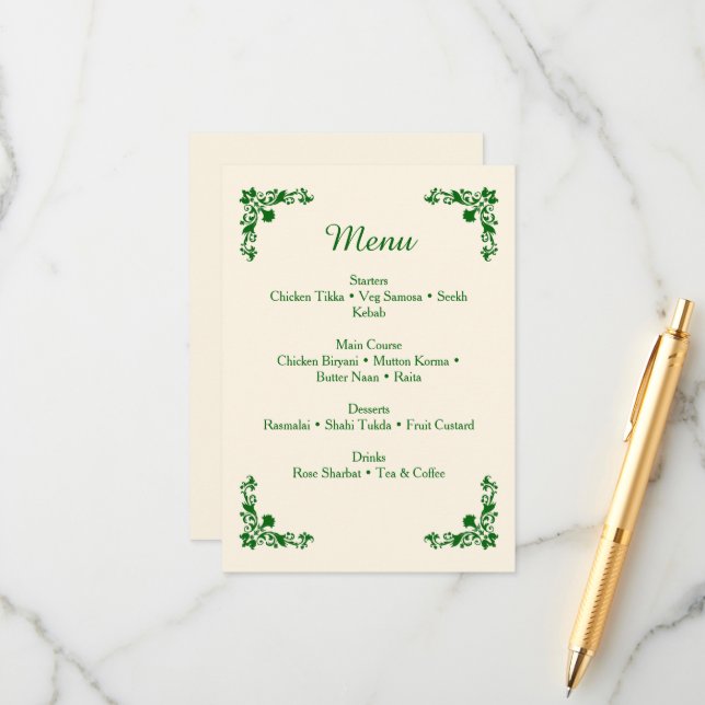 Elegant Ivory & Emerald Floral Wedding Menu (Front/Back In Situ)