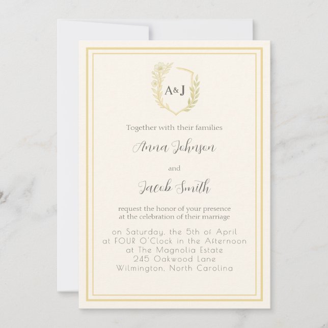 Elegant Ivory & Faux Gold Crest with Floral Accent Invitation (Front)