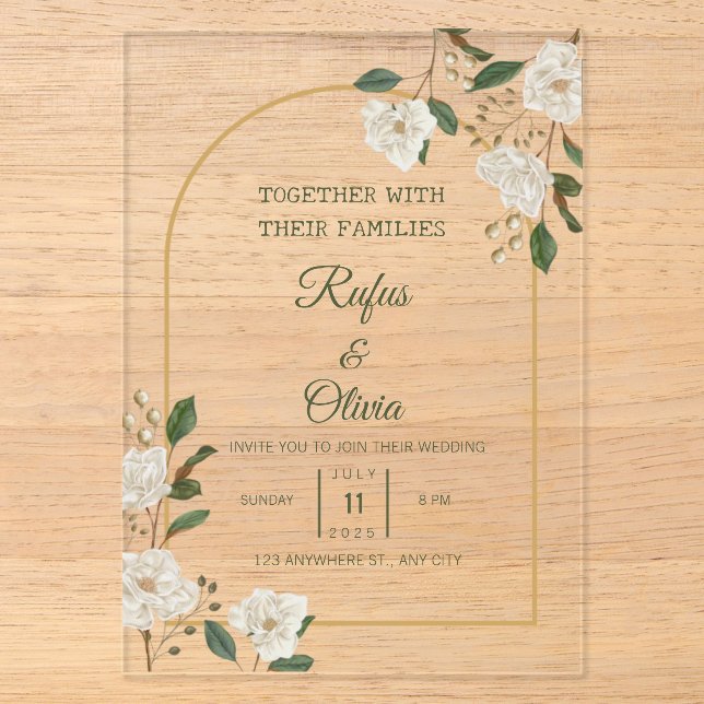 Elegant Ivory Floral Arch Wedding Invite Acrylic Invitations (Front)