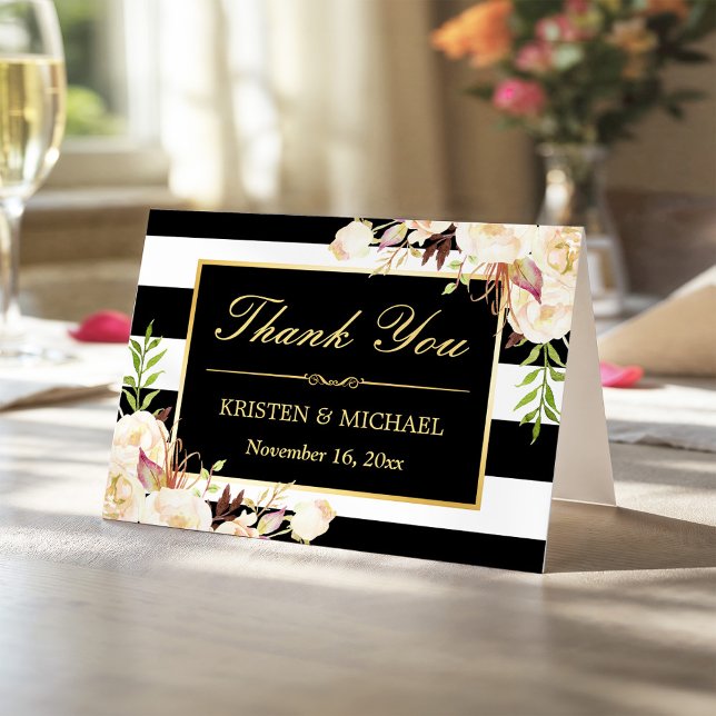 Elegant Ivory Floral Black White Stripes Thank You Card (Creator Uploaded)