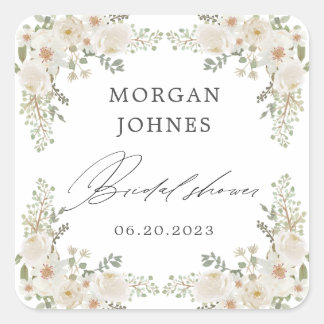 elegant ivory floral bridal shower square sticker