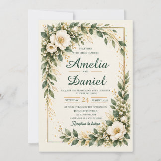 Elegant Ivory Floral Gold Frame Wedding Invitation