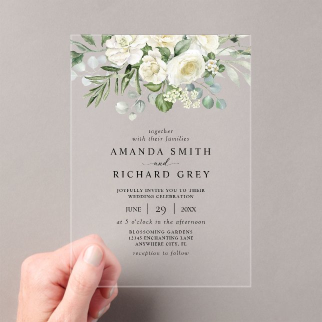 Elegant Ivory Floral & Greenery Eucalyptus Wedding Acrylic Invitations (Insitu (Handheld))