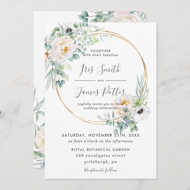 Elegant Ivory Floral Greenery Gold Frame Wedding  Invitation (Front/Back)