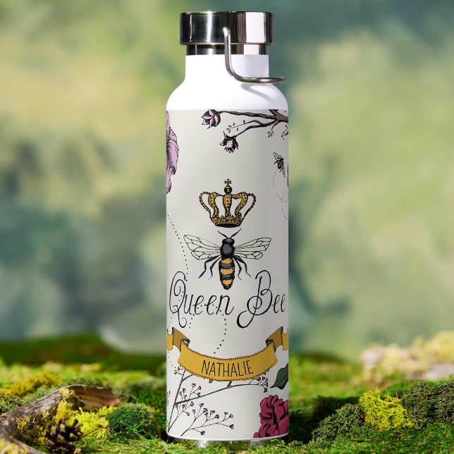 Elegant Ivory Floral Queen Bee Personalized Water Bottle (Elegant Queen Bee Water Bottle for Her. Hand Drawn Queen Bee, Gold Crown, Exotic  Flowers with Name)