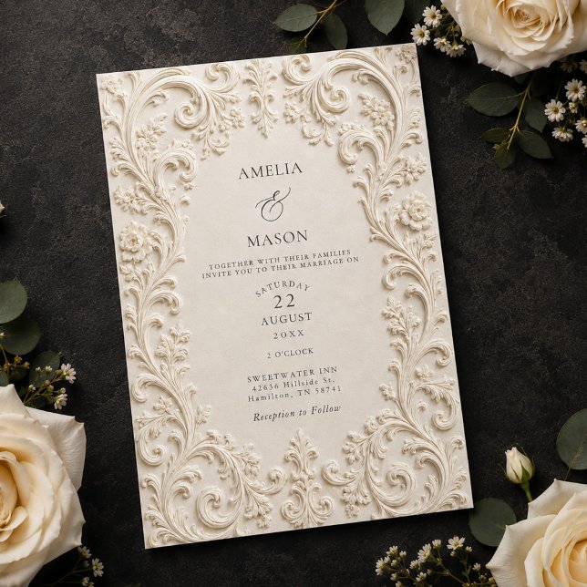 Elegant Ivory Floral Scrollwork Baroque Wedding Invitation (Elegant Ivory Floral Scrollwork Baroque Wedding Invitation)
