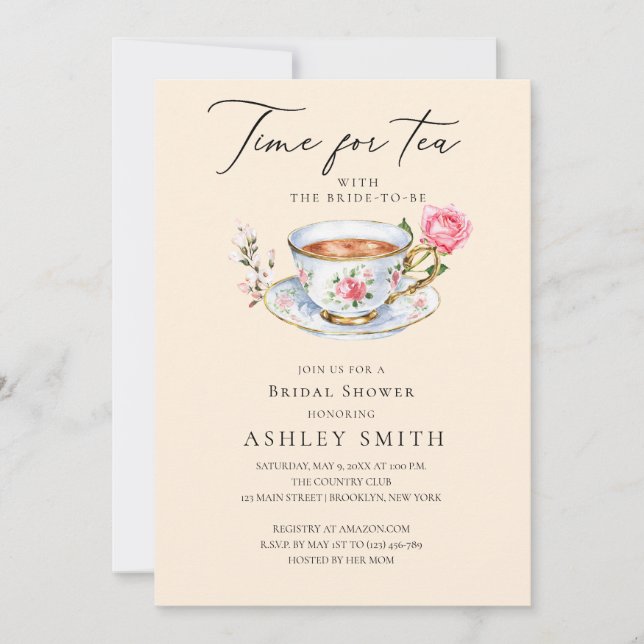 Elegant Ivory Floral Tea Party Bridal Shower Invitation (Front)